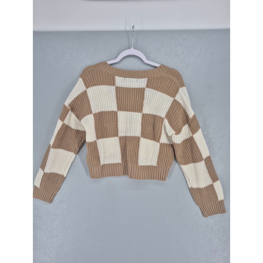 Love Tree Womens Cardigan Checkerboard Tan White Cropped Knit Button Front S - Picture 3 of 6